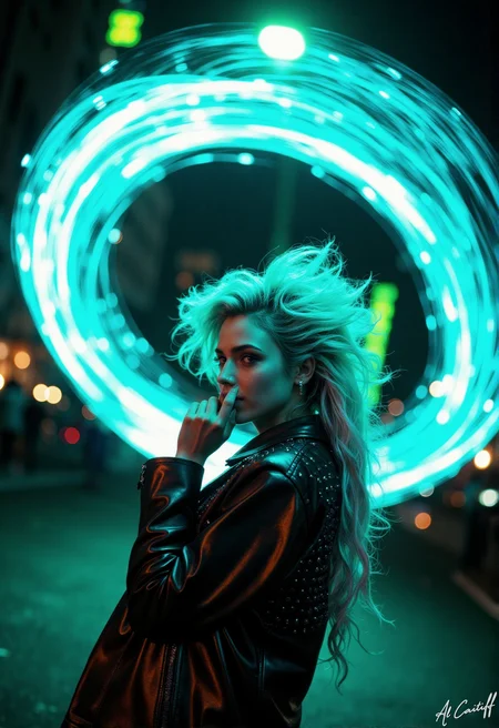 Extreme low-angle shot, 16mm fisheye lens with pronounced barrel distortion, intense motion blur on the subject's hair, deep f/1.4 depth of field. A close-up of a woman with iridescent turquoise skin, her long silver hair styled in a wild, afro-like fashion, and her eyes glowing with an otherworldly energy. She stands with her back to the camera, her right hand raised to her mouth, her fingers curled into a subtle, enigmatic smile. The subject wears a black leather jacket with metallic studs, its surface reflecting the intense blue-green light that emanates from her body. The lightsource is a swirling vortex of neon green and blue hues, reminiscent of a plasma arc, which casts an ethereal glow on the surrounding environment.<lora:CustomFlux/MysticRealism.safetensors:1.0000000000000002:1.0000000000000002>