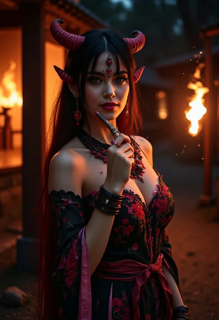 professional photo of a beautiful mature oni woman, black hair, long hair, gradient hair, multicolored hair, streaked hair, red streaks, orange eyes, black sclera, bangs, evil, corruption, corrupted, dark persona, villainess, oni horns,
oni miko, japanese clothes, oni kimono, waist bow, wide sleeves, off shoulder, cleavage, forehead jewel, evil earrings,
lipstick, full eyelashes, eyeshadow, eyeliner, mascara, evil makeup, red nails, sharp nails,
outdoors, night, shinto shrine, torii gate, (fire, burning building, wildfire:1.2), (burning background:1.3), fiery aura, chest tattoo, glowing tattoo,
solo, cowboy shot, holding smoking pipe, evil smile, evil eyes, sinister, slit pupils,
intricate, highly detailed, majestic, shallow depth of field, movie still, circular polarizer, light particles, particles, shadows
