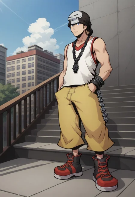 score_9, score_8_up, score_7_up, source_anime, highly detailed,
daisuke, 1boy, male focus, solo, blonde hair, blue eyes, sneakers, tank top, shoes, beanie, shorts, chain, hat,
yellow shorts, jewelry, bracelet, standing, chain necklace,
outdoor, building, sky, stairs, sit,
