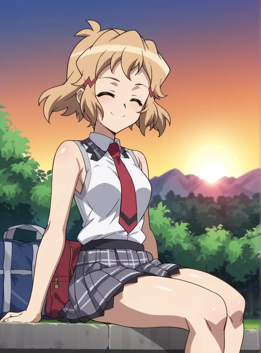 score_9, score_8_up, score_7_up, score_6_up, score_5_up, score_4_up, BREAK source_anime, masterpiece , anime screencap, anime_lineart anime coloring, solo <lora:TachibanaHibiki-000004:0.8>tachibana hibiki (symphogear), school uniform, white shirt, red necktie, pleated skirt, sitting,smile,outdoors, sleeveless, sunset, school bag, closed eyes,