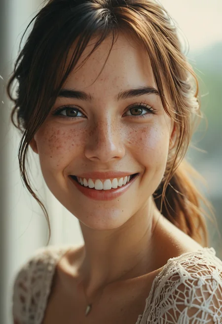 I love when she smiles that way, hyper detailed, super intricate, romantic atmosphere, natural light, 35mm photo