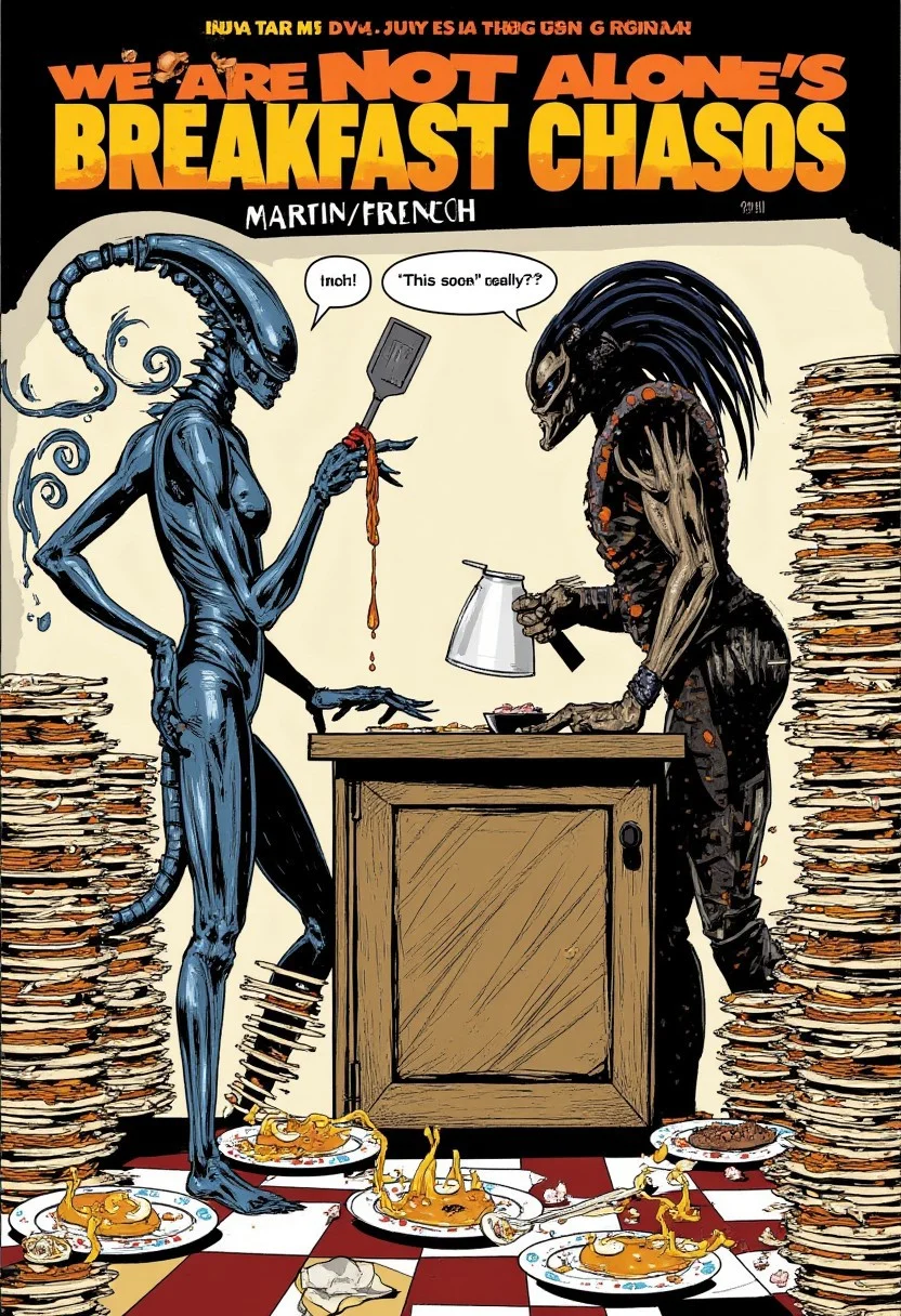 By Martin French. Alien and Predator stand at a cluttered kitchen counter, surrounded by stacked plates of pancakes. Alien holds a spatula with a glob of syrup dripping onto the floor. Predator leans on the counter, eyeing the mess skeptically. Alien says "This isn't scary," with a hint of amusement. Predator responds with a deadpan "Pancakes, really?" as they both gaze at the chaotic breakfast scene before them. The caption "Space invaders' breakfast chaos" is emblazoned across the poster in bold, colorful letters, while the title "We Are Not Alone...In Comedy" stretches above it in a playful font.