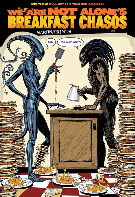 By Martin French. Alien and Predator stand at a cluttered kitchen counter, surrounded by stacked plates of pancakes. Alien holds a spatula with a glob of syrup dripping onto the floor. Predator leans on the counter, eyeing the mess skeptically. Alien says "This isn't scary," with a hint of amusement. Predator responds with a deadpan "Pancakes, really?" as they both gaze at the chaotic breakfast scene before them. The caption "Space invaders' breakfast chaos" is emblazoned across the poster in bold, colorful letters, while the title "We Are Not Alone...In Comedy" stretches above it in a playful font.