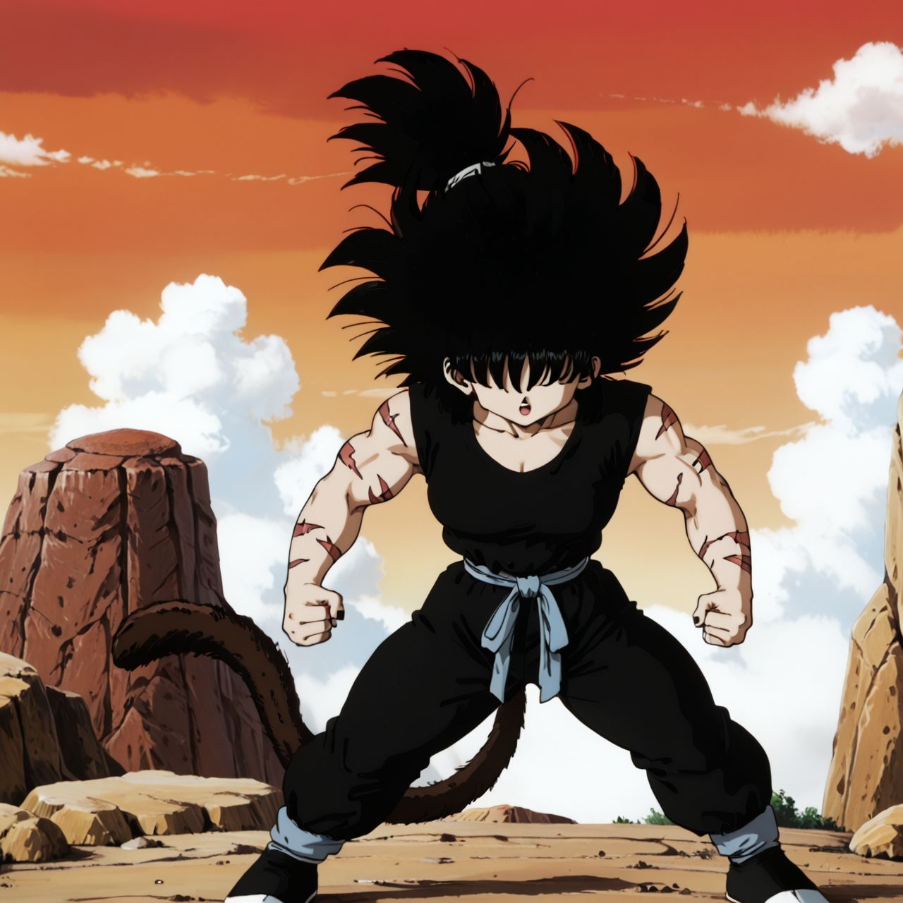 <lora:SolYulaanXL:0.8>, SolYulaan, 1girl, highvoltaghair, hair over eyes, obscured eyes, hair tied, spiky ponytail, crazy hair, wild spiky hair, free hair,  kung fu pose, dynamic stance,  black shirt, black kung fu pants, Yaban girl, black Saiyan tail, red sky, white clouds, rocky landscape, badlands, muscular girl, LucyLoudhair,battle scars,  cute face,  <lora:EarlyAkira_v4:.6> drgbls1, retro artstyle, 1980s \(style\), anime coloring,