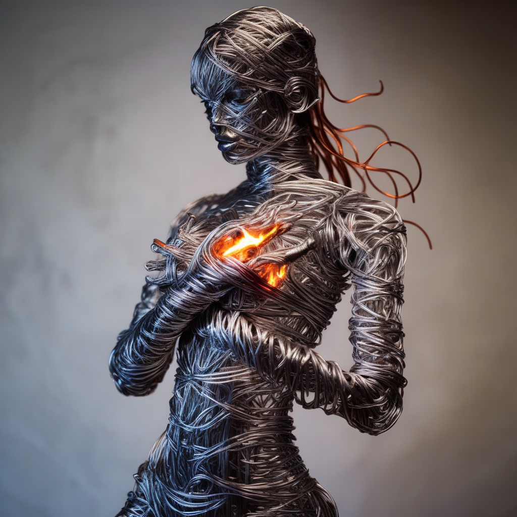 wirex wire sculpture cyborg girl the background hell flames  <lora:wirex:0.8>