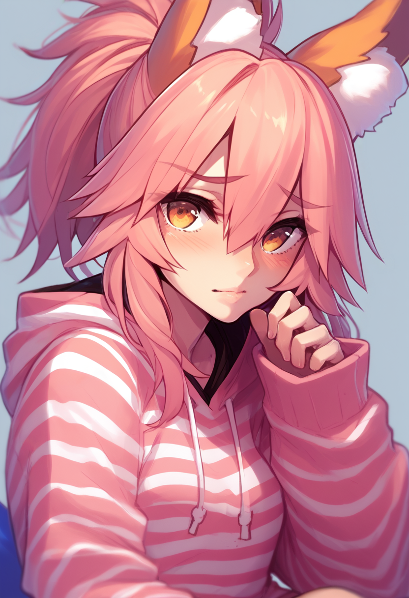 tamamo \(fate\),pink striped hoodie,looking at viewer,blush<lora:kazuponyv3:1> score_8_up,score_7_up,score_6_up,<lora:spo_sdxl_10ep_4k-data_lora_webui:0.7>