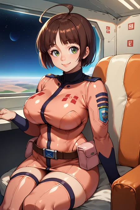 score_9, score_8_up, score_7_up, score_6_up, source_anime, 1girl, solo,  <lora:haradamakoto-pdxl-nvwls-v1-000005:1> haradamakoto, brown hair, short hair, ahoge, pink bodysuit, long sleeves, belt, thigh boots, shiny clothes, sitting, space station, indoors, chair, looking at you, smile, large breasts
