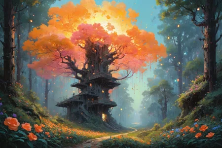 masterpiece, overgrown brutalism, Peach glow, glowing trees, colorful flowers, breathtaking landscape, swirling fireflies ascending through the forest, rube steel, sergey kolesovski, rick guidice, pritchev jolian, wenjun lin <lora:Overgrown_Brutalism_SDXL:.8>