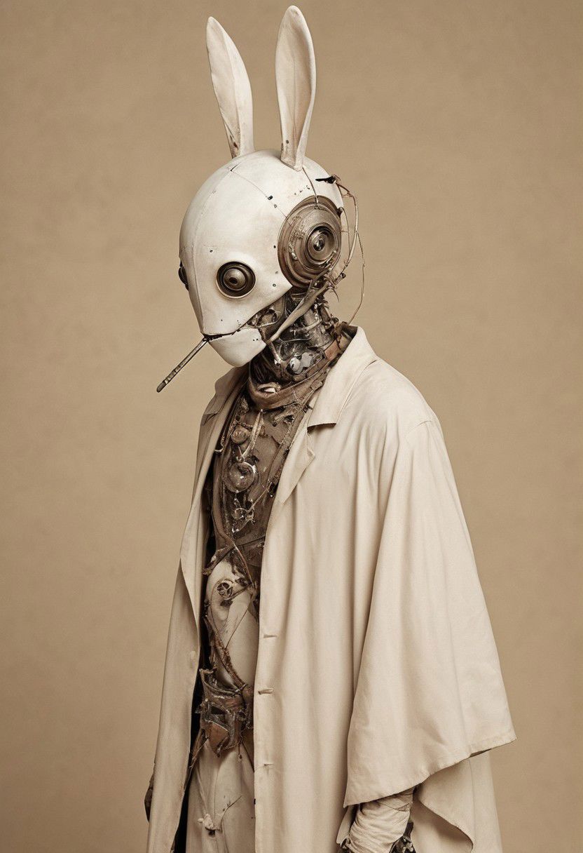 Craft a captivating neon-pastel caption for a photo capturing the essence of a cyborg Bedouin sorcerer, defying expectations by conjuring a whimsical robot 'freak' from an oversized top hat. The peculiar figure emerges clad in a comically ill-fitted rabbit costume, set against a vintage, smoky backdrop.
 very detailed, atmospheric haze, Film grain, cinematic film still, shallow depth of field, highly detailed, high budget, cinemascope, moody, epic, OverallDetail, gorgeous, 2000s vintage RAW photo, photorealistic, candid camera, color graded cinematic, eye catchlights, atmospheric lighting, skin pores, imperfections, natural, shallow dof