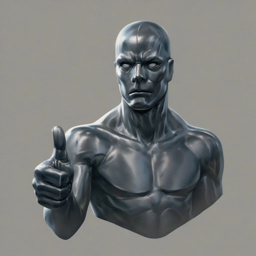 Score_7_up, score_8_up, male focus, upper body, 2d, detailed,
BREAK,
1boy, SSurfer, reflective skin, no pupils, (thumbs up:1.2), simple background,