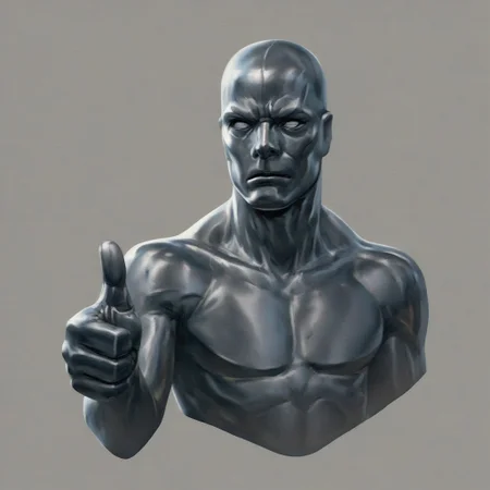 Score_7_up, score_8_up, male focus, upper body, 2d, detailed, 
BREAK,
1boy, SSurfer, reflective skin, no pupils, (thumbs up:1.2), simple background,