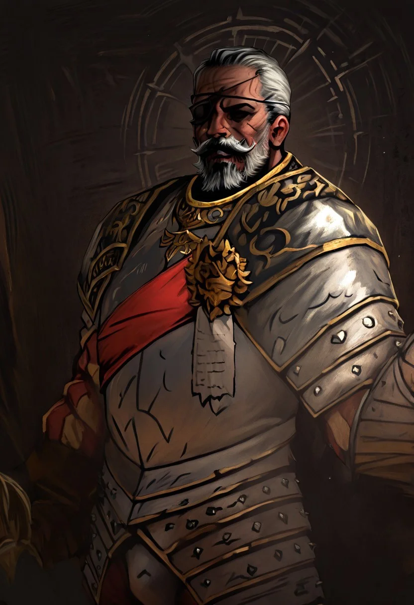 masterpiece, best quality, newest, absurdres, highres, DD2Style-IL.V1.0, shaded eyes, black eyes,
MAA-V1.1, 1boy, old man, armor, eyepatch, white hair, mustache, facial hair,