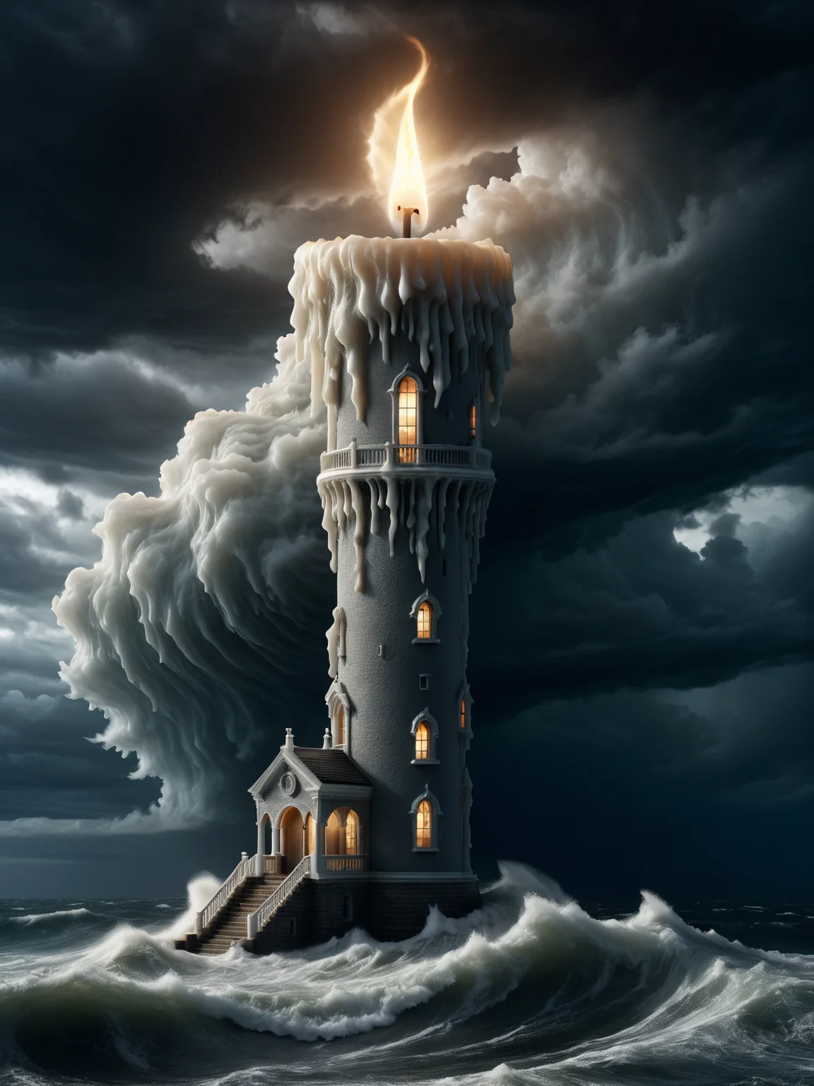 lighthouse made of mad-candle, stormy sea, storm clouds <lora:Candles_SDXL:0.8>, (masterpiece:1.2), best quality, (hyperdetailed, highest detailed:1.2), high resolution textures
