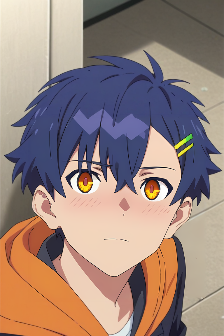 score_9, score_8_up, score_7_up, source_anime, rating_safe, , anime screencap, , official style, looking at viewer, , 1boy, solo, male focus, <lora:yomogi_asanaka_pony:0.84>, yomogi_asanaka, blue hair, orange eyes, short hair, bangs, hair between eyes, hairclip, hair ornament, from above, full body, corridor, indoors, dark, lying, on back, embarrassed, nose blush, windbreaker, trucker hat, <lora:sdxl_lightning_8step_lora:1>