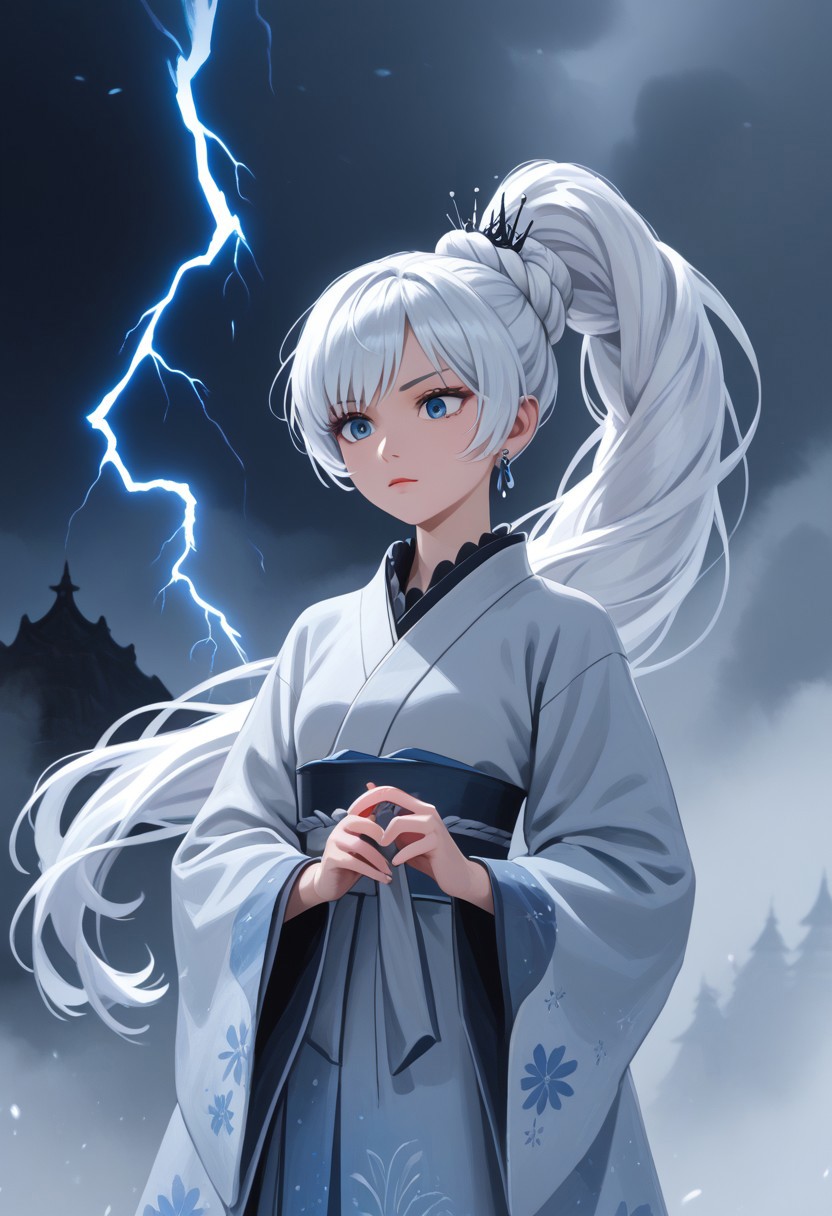 score_9, score_8_up, score_7_up,source_anime, high res image, masterpiece, best quality, Weiss Schnee, Weiss Schnee, long hair, ponytail, white hair, blue eyes, small breasts, mature body,  wearing a fancy Japanese kimono, holding a lightning, Jagged Mountains background, black and purple swirling colors in background, realistic lighting 3D, anime, art by michellekuku