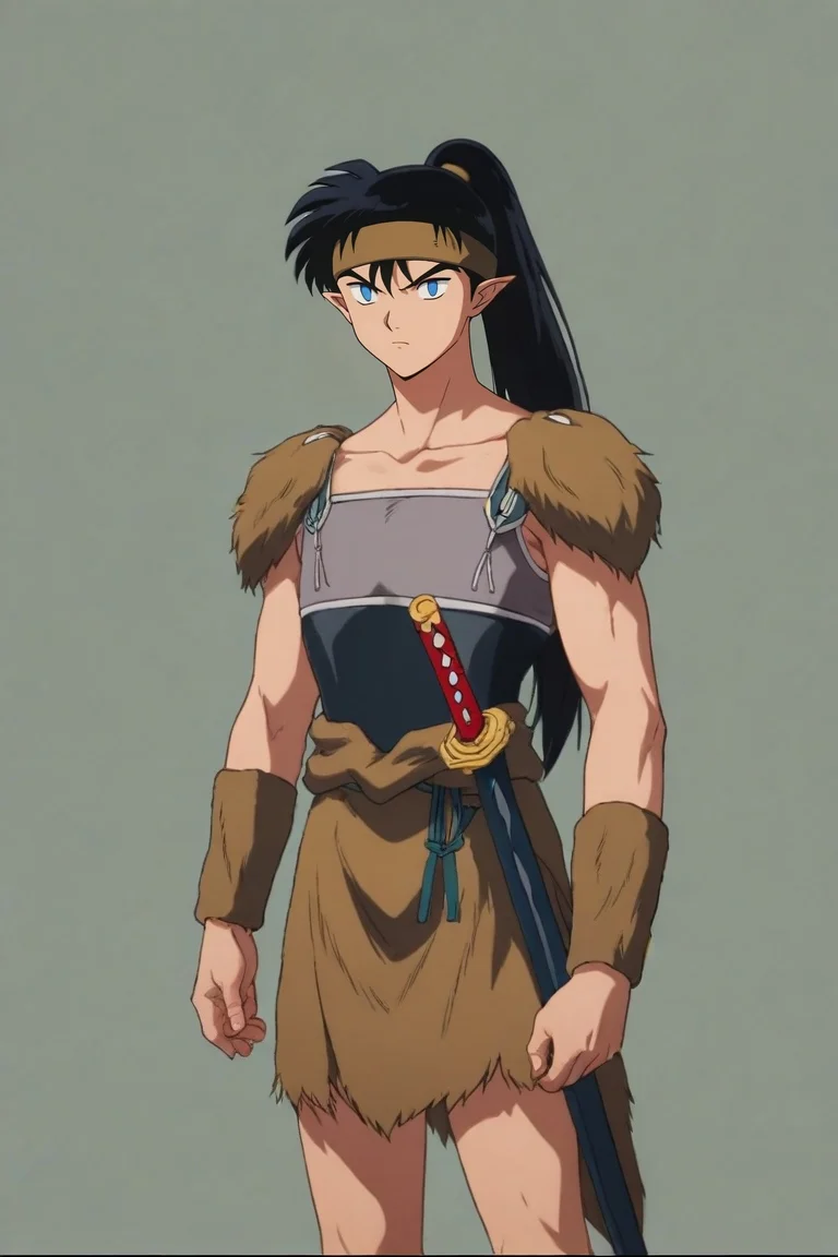 score_9, score_8_up, score_7_up, source_anime, rating_safe, , (photorealistic:0.6), , , 1boy, solo, male focus, <lora:kouga_inuyasha_pony:0.78>, kouga_inuyasha, black hair, blue eyes, long hair, ponytail, pointy ears, headband, armor, sword, sheath, , , <lora:sdxl_lightning_8step_lora:1>