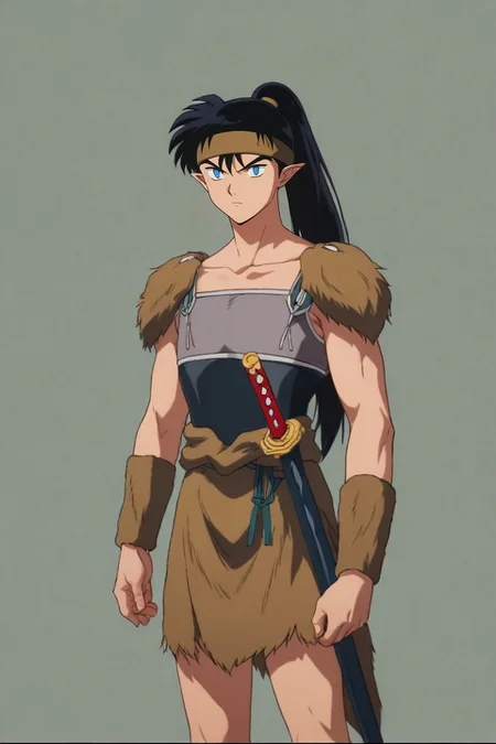 score_9, score_8_up, score_7_up, source_anime, rating_safe, , (photorealistic:0.6), , , 1boy, solo, male focus, <lora:kouga_inuyasha_pony:0.78>, kouga_inuyasha, black hair, blue eyes, long hair, ponytail, pointy ears, headband, armor, sword, sheath, , , <lora:sdxl_lightning_8step_lora:1>