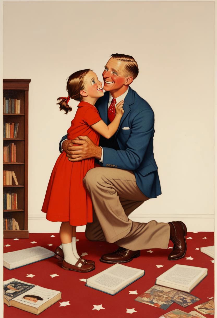 Halfbody professional portrait of a {father kneeling, holding a (standing little girl:1.25), Eye-to-eye contact, happy smile on both faces, wearing in a red dress, in the room, scattered a few books on the floor, kinship and love}, (low Dutch angle:1.36), by (wes anderson and Norman Rockwell:1.36)