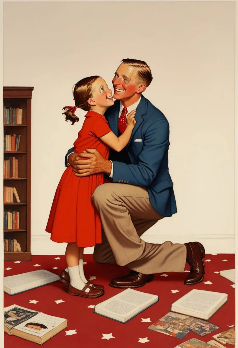 Halfbody professional portrait of a {father kneeling, holding a (standing little girl:1.25), Eye-to-eye contact, happy smile on both faces, wearing in a red dress, in the room, scattered a few books on the floor, kinship and love}, (low Dutch angle:1.36), by (wes anderson and Norman Rockwell:1.36)