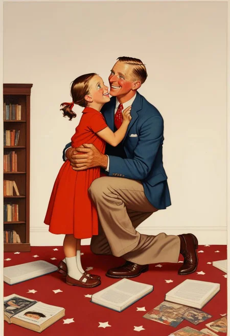 Halfbody professional portrait of a {father kneeling, holding a (standing little girl:1.25), Eye-to-eye contact, happy smile on both faces, wearing in a red dress, in the room, scattered a few books on the floor, kinship and love}, (low Dutch angle:1.36), by (wes anderson and Norman Rockwell:1.36)