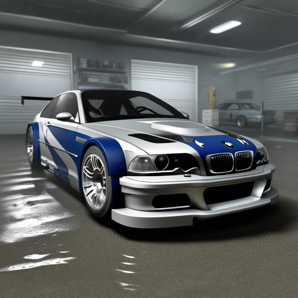 BMW M3 GTR, inside a car garage, heavy rain outside, ultra realistic, NFSMW