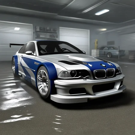 BMW M3 GTR, inside a car garage, heavy rain outside, ultra realistic, NFSMW