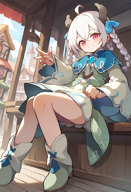 score_9,score_8_up,score_7_up,source_anime,zPDXL3,fantasy,town,wooden bench,sitting,smile,from below,
*//*,<lora:Lynn_v1.0:1>,lynn,white hair,dress,boots,
*//*,looking at viewer,cowboy shot,dutch angle,dynamic pose,