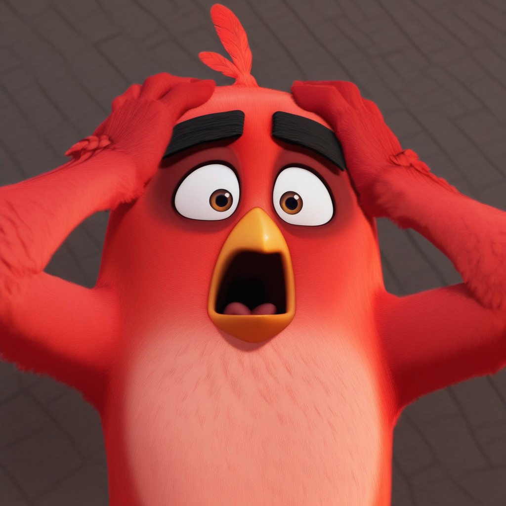 score_9, score_8_up, score_7_up, score_6_up, perfect limbs, detailed image, detailed eyes, perfect beak, perfect eyes, Masterpiece, High quality, Red_angry_birds, screaming, open mout, wide open mouth, wide open eyes ,tongue, bust shot, hands on head, arms up, 3d, 3d Animation, Furry, bird, Red fur, short, (((face shot)))
