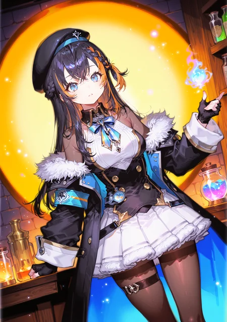zPDXL3 Real score_9, score_8_up, score_7_up, score_6_up source_anime, highly detailed, sharp, intricate details, rating_safe rating_sensitive, rating_explicit, masterpiece, best quality, good quality, bright eyes light particles lens flare amazing quality, very aesthetic, very awa, absurdres, newest,
<lora:yoneyamaiXLNBVP1lokrV6311PZ:0.5>, <lora:shikimi:0.5>
<lora:nhl-001:0.4> nhl-001 film grain multicolored background <lora:ponyv4_noob1_2_adamW:0.4>
medium breasts, dynamic pose, dynamic angle,
optical illusion, ssambatea, quasarcake, Fishine, arutera, soresaki, reoen, sanbonzakura, askzy, negative space, see-through, made of, neon light, detailed background,
In a dimly lit, fantasy-inspired atelier, mystical lights of magic flutter and dart, illuminating the darkness with their ethereal glow. A young witch stands at the center, chanting incantations as she stirs a large cauldron filled with bubbling herbs. Her magic wand radiates energy, guiding her in her alchemical endeavors. Alongside her, a desk is meticulously arranged with colorful potion-filled test tubes, emitting a soft luminescence. Wooden shelves against the walls hold an array of ancient books, sealed jars containing exotic herbs, and a vintage, intricately detailed globe
niji-petra,medium breastas,blue eyes,black hair,orange hair,multicolored hair,streaked hair,ornament,
niji-petracos2,white shirt,collared shirt,black collar,halterneck shirt,brown bodystocking,blue bowtie,two-tone bowtie,jewelry,white skirt,miniskirt,fur-trimmed skirt,fingerless glove,black glove,brown pantyhose,thigh band, beret,black headwear, long coat,black coat,off shoulder coat,fur-trimmed coat,long sleeves,blue armband, long hair braid
<lora:niji-petra:0.7>
