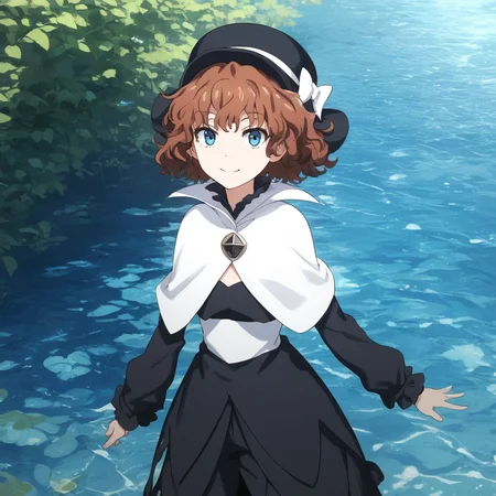 anime coloring, score_9, score_8_up, score_7_up, score_6_up,  mallybath blackbell, toaru, 1girl, solo, hat, brown hair, smile, short hair, blue eyes, capelet, looking at viewer, black headwear, long sleeves, pants, cosplay, dress, bow, closed mouth, standing, black pants