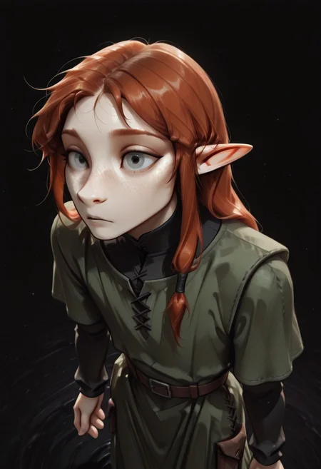 1person, (Lapanya), Malgha, freckles, 2 strands of hair sticking up, pointy ears, Long-sleeve black shirt, green tunic,
Close up, high angle, looking ahead, floating, wrleightless,
Black background, void background, empty space background,
Source: semi-realistic