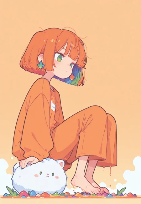 masterpiece, best quality, newest, very awa, Smooth, no lineart, no outline, very aesthetic, flat colors, colorful themes, High Saturation, orenji, 
1girl, petite, cute, orange hair, bob cut, short hair, green eyes, fair skin, messy hair, 
tippy toes, lean, fl4t,