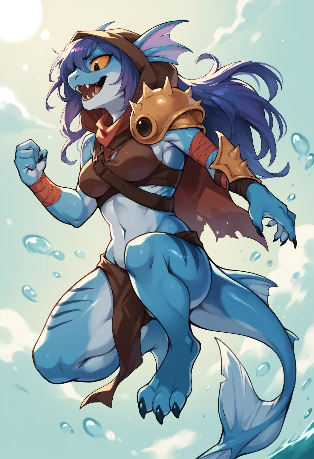 score_9, score_8_up, score_7_up, score_6_up, score_5_up, score_4_up, source_furry, BREAK, 1girl, slarkpdxl, fish, fins, tail, yellow sclera, furry, hood, female, purple hair, arm wrap, open mouth, shoulder armor, loincloth, falling, looking down, sky, <lora:SlarkTheNightcrawler-000003:0.7>, <lora:epic_anime_scenery_v0_1:0.7>