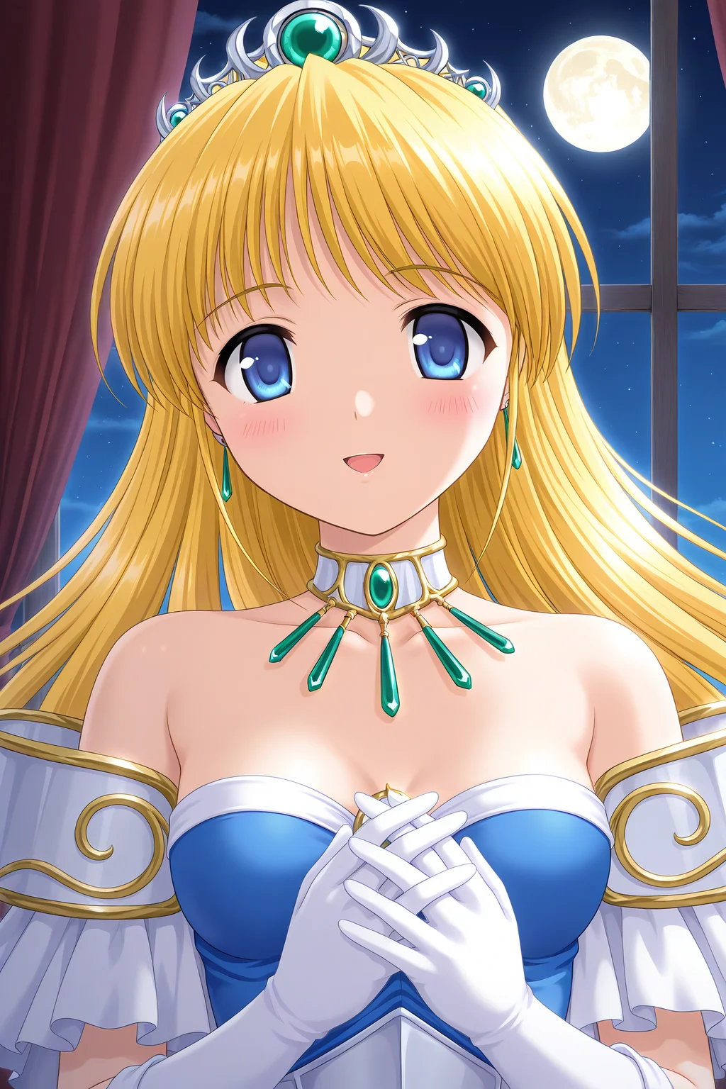masterpiece, best quality, absurdres, official art, official style, rating general BREAK <lora:leticiaapple_IL_v1-1:0.7>, leticia apple, 1girl, solo, blue eyes, blonde hair, very long hair, small breasts, hair down, tiara, earrings, necklace, strapless dress, armored dress, off shoulder, frilled sleeves, white gloves, elbow gloves, white corset, blue skirt, wrap skirt, moon, window, night, full moon, bare shoulders, choker, blush, princess, own hands together, night sky, curtains, own hands clasped, upper body, looking at viewer, collarbone, hands on own chest, medium breasts, interlocked fingers, moonlight, cleavage, starry sky, indoors, parted lips, hand on own chest, open mouth, gem, gown, blue dress, backlighting, glowing, floating hair, glowing on backlight, happy, smile, :d, front view, portrait, close-up