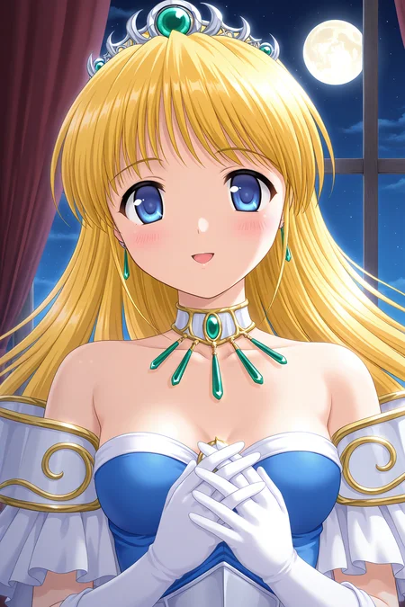 masterpiece, best quality, absurdres, official art, official style, rating general BREAK <lora:leticiaapple_IL_v1-1:0.7>, leticia apple, 1girl, solo, blue eyes, blonde hair, very long hair, small breasts, hair down, tiara, earrings, necklace, strapless dress, armored dress, off shoulder, frilled sleeves, white gloves, elbow gloves, white corset, blue skirt, wrap skirt, moon, window, night, full moon, bare shoulders, choker, blush, princess, own hands together, night sky, curtains, own hands clasped, upper body, looking at viewer, collarbone, hands on own chest, medium breasts, interlocked fingers, moonlight, cleavage, starry sky, indoors, parted lips, hand on own chest, open mouth, gem, gown, blue dress, backlighting, glowing, floating hair, glowing on backlight, happy, smile, :d, front view, portrait, close-up