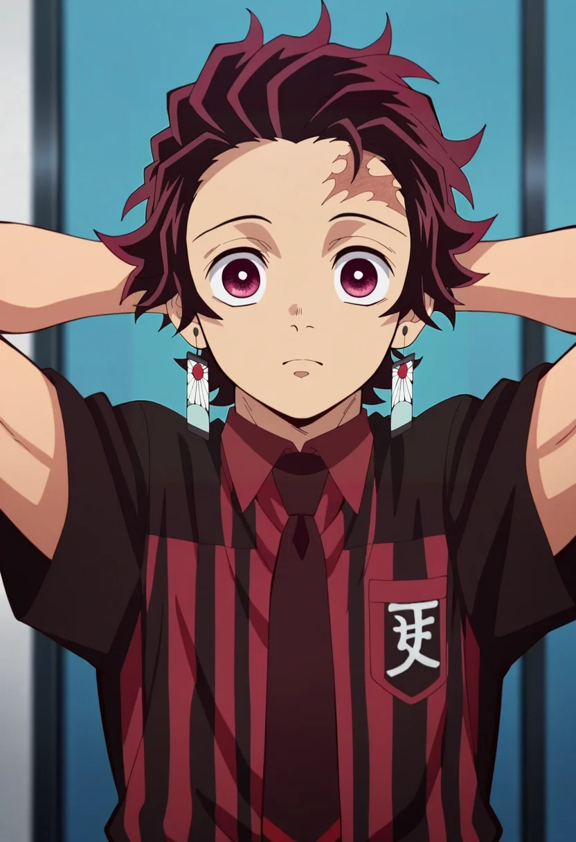 masterpiece, best quality, , anime screencap, , official style, , depth of field, 1boy, solo, male focus, <lora:tanjirou_kamado_ilxl:0.92>, tanjirou_kamado, 1boy, red hair, red eyes, short hair, scar on forehead, , , male Eighteen Buoyant, East Asian, Emerald eyes, Chiseled Cheeks, Receding Forehead, Artistic Tattoos, , Peach Long textured comb-over hair, Anticipation, wearing Cropped chinos, Checkered Striped Henley shirt, , , Tie, Leaning back with hands behind head, showing relaxation