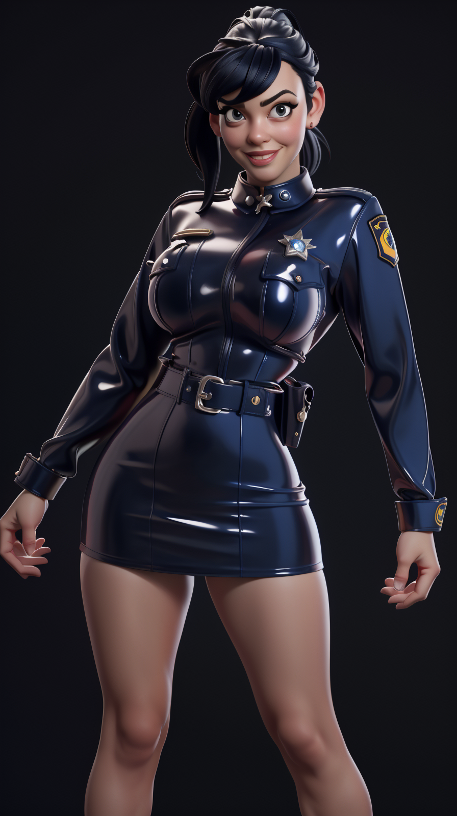 high detailed, masterpiece  <lora:P4p4N1nj4:0.9> 1girl cartoon character in police blue latex mini dress, long black hair, ponytail, american shot, subtle smile, looking at viewer, perfect hands, big breast, wide hips, thick thighs, ultra realistic digital art, a 3D render, photorealism, clean scene, black background, black wall,  <lora:3DMM_V12:0.6>