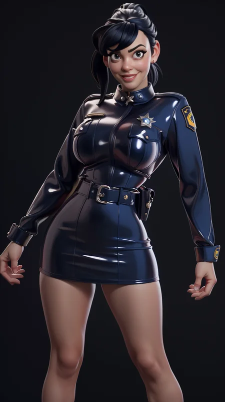 high detailed, masterpiece <lora:P4p4N1nj4:0.9> 1girl cartoon character in police blue latex mini dress, long black hair, ponytail, american shot, subtle smile, looking at viewer, perfect hands, big breast, wide hips, thick thighs, ultra realistic digital art, a 3D render, photorealism, clean scene, black background, black wall, <lora:3DMM_V12:0.6>