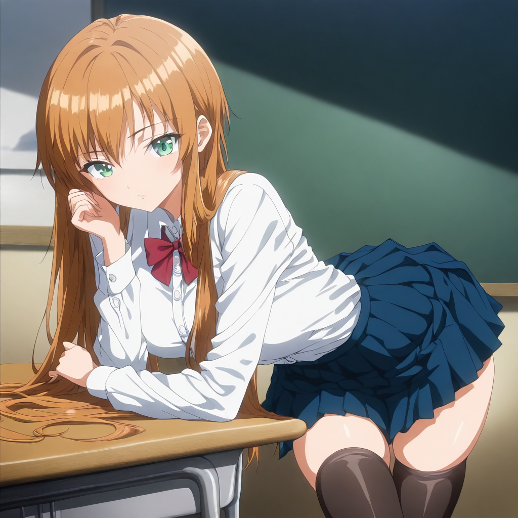 masterpiece,high score,great score,absurdres,looking at viewer,1girl,solo,school_uniform,skirt,thighhighs,<lora:Misaki_Hold ag4o v1:1> misaki_hold, brown hair, long hair, green eyes,