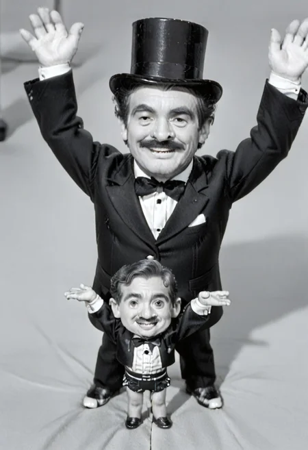 (((black and white, monochrome, greyscale))),((dancing,fully clothed, small man with mustache, top hat, kenbis, chibi, chibi, male only, dancing, male, male chibi, monocle, art deco, thick mustache, comically large mustache, handlebar mustache, tiny, multiple men, shrunk, microxl, some little guys, high angle, from above)), bwMovies, realistic, photo, vintage photo, ((very small man, small man, a small man, a man who is small, a small man)) suit, an unapologetically small human male, black and white, smiling, very happy, euphoric, ecstatic, wonderful small men, large smile, huge smile