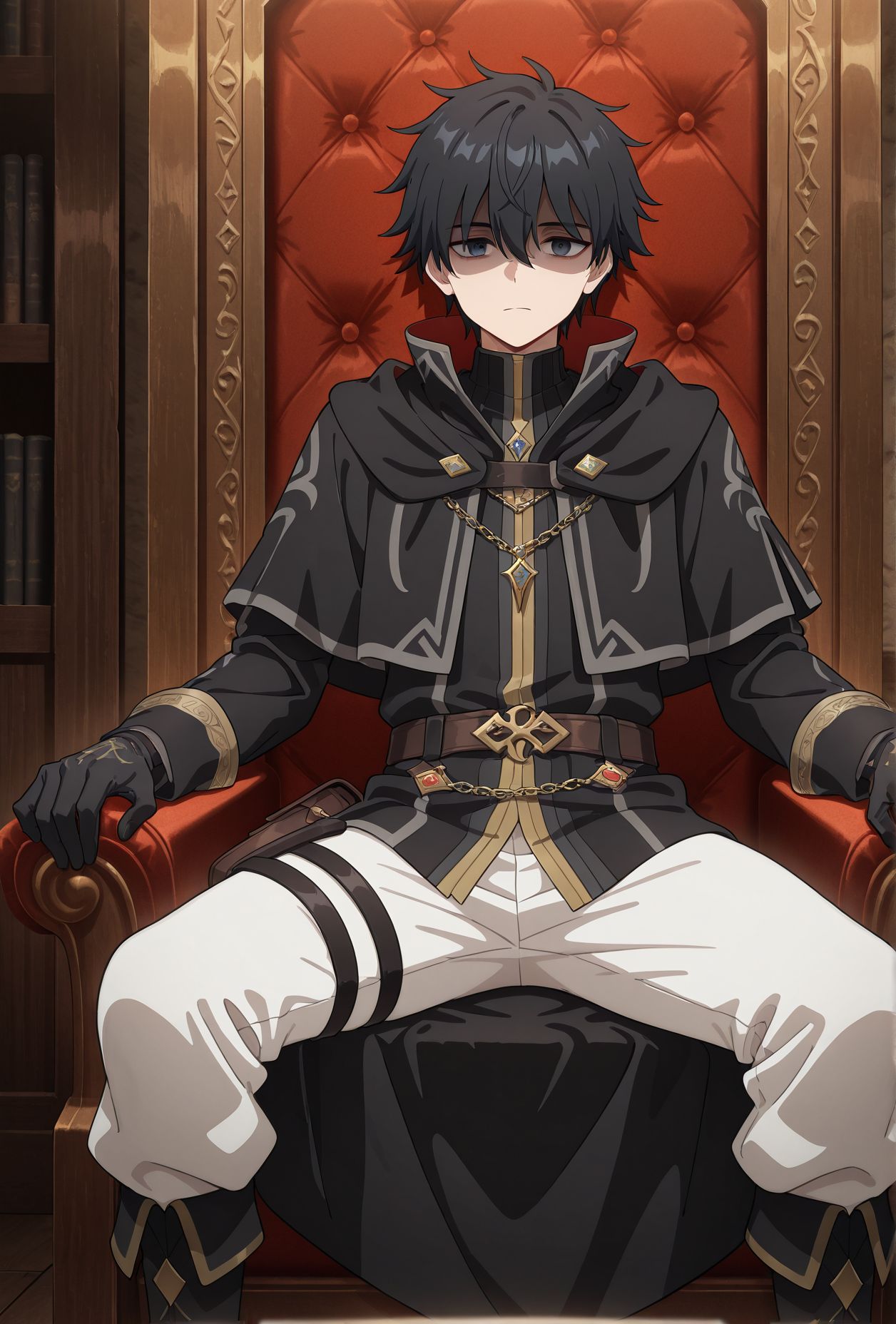 masterpiece,best quality,amazing quality,very aesthetic,absurdres,newest, huge filesize,
<lora:spo_sdxl_10ep_4k-data_lora_webui:0.5>, 2D,anime,anime screenshot, 
<lora:illustrious_quality_modifiers_masterpieces_v1:1>
<lora:Let_This_Grieving_Soul_Retire__Strange_Grief:0.7>  shaded face, 
1boy,Strange_Grief, sitting, 
black robe, haiir covered one eyes, expressionless, guild,
black hair,short hair,
serious expression,
black jacket,gold accents,
high collar,white pants,
black boots,side pouch,
gloves,belt,
chains,standing pose,
detailed outfit,back and front view,