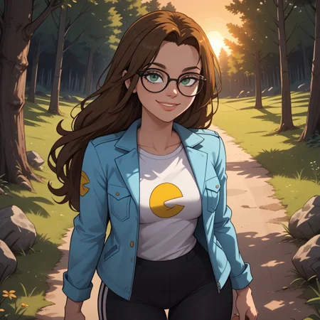 score_9, score_8, BREAK, solo, brown hair, dark green eyes, glasses, lips, cyan jacket, white shirt, pacman print, breasts, leggings, sneakers, Ally_(Disventure_Camp), cute, sexy pose, self portrait, smile, outdoors, sunlight, shadows, evening lighting, natural lighting, forest, trees, grass, orange sky, sunset