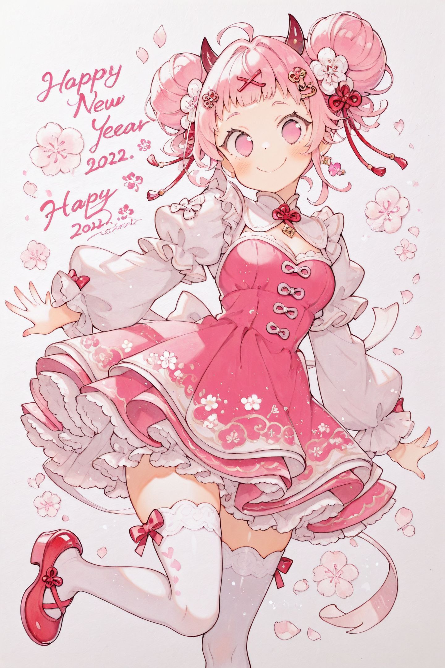 1girl,solo,thighhighs,smile,horns,double bun,new year,pink hair,hair bun,chinese zodiac,pink eyes,white background,dress,happy new year,looking at viewer,white thighhighs,hair ornament,traditional media,
<lora:Uekura Eku_illustriousXL:1.5>,