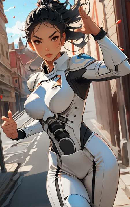 ((masterpiece, best quality)), solo, looking at viewer, amazon_woman whit black hair wearing spacesuit, long hair, "Grimace", "High and tight hairstyle" hair, "Blowing a kiss" pose , skin tight, depth of field, light particles,
<lora:GoodHands-beta2:1>,
<lora:BrazilianWomanAmazon_V1.0:1>,
<lora:muscle_slider_v1:2>,
<lora:weight_slider_v2:-1>,
<lora:hair_length_slider_v1:1>,
<lora:spacesuitV1.0:0.7>,
<lora:wuxia2:0.6>,
<lora:Background_Detail_v3:1>,
<lora:IvoryGoldAIv2:0.7>