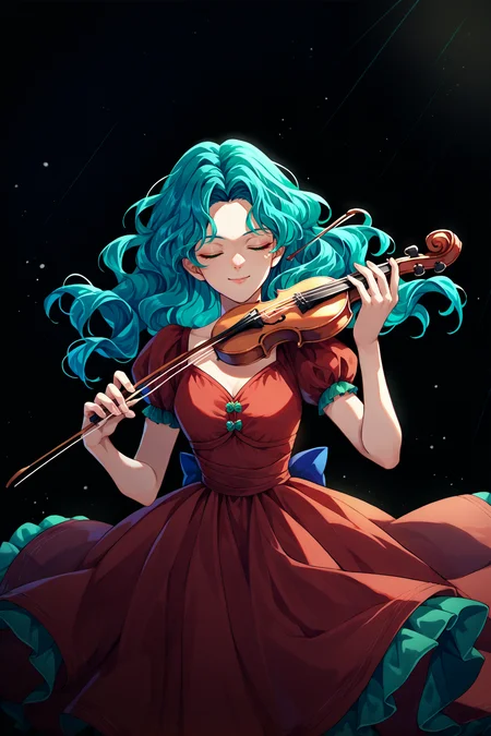 score_9, score_8_up, score_7_up, score_6_up, source_anime, 1girl, solo, <lora:sailorneptune-pdxl-nvwls-v1-000005:1> slrnp, cyan hair, long hair, wavy hair, green eyes, red dress, gown, frills, holding violin, playing violin, closed eyes, smile, stage, black background