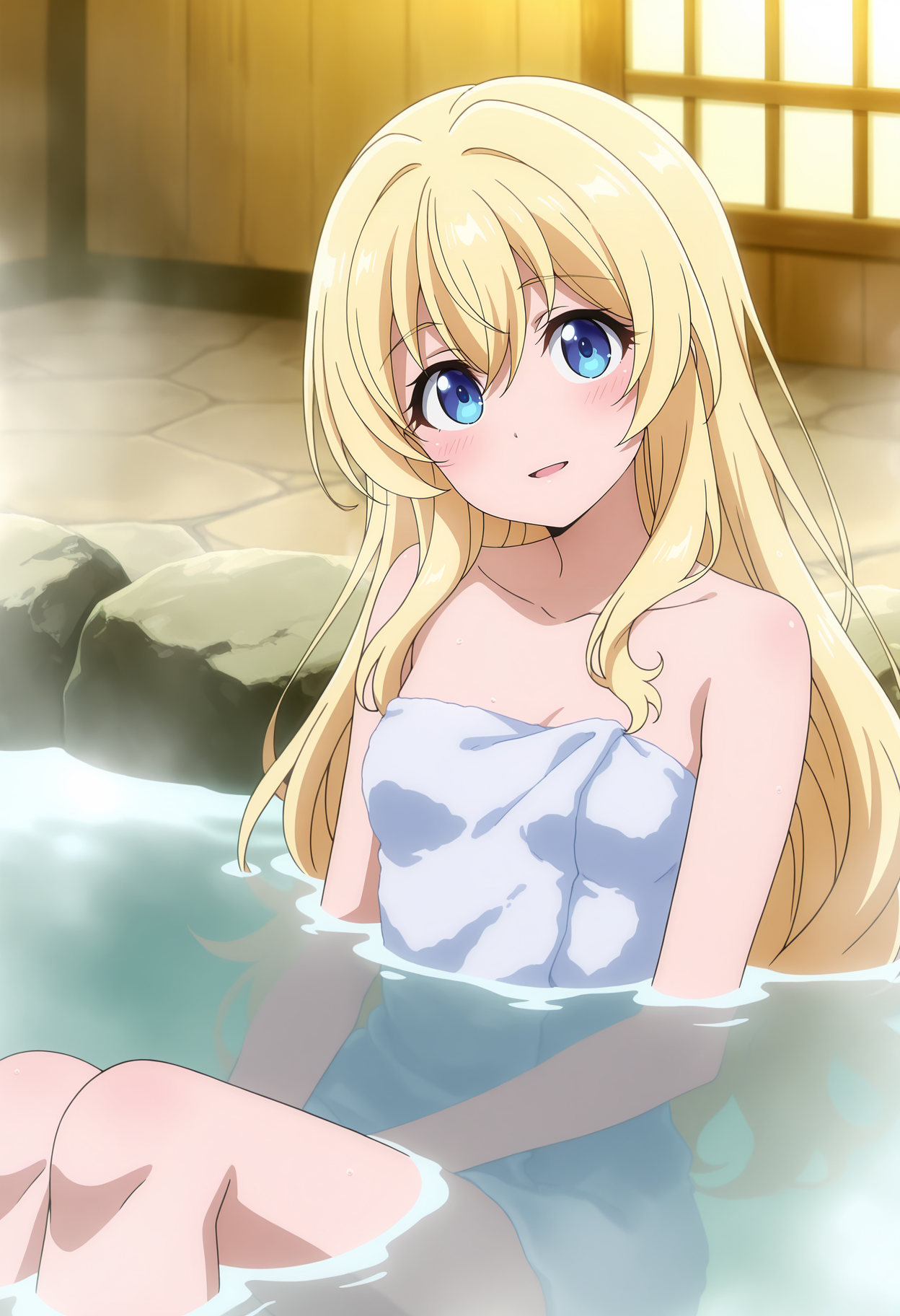anime screencap, masterpiece, best quality,
<lora:GoblinSlayer_Priestess_IlluXL:0.9>,
1girl, solo, open mouth, light smile, blush, head tilt,
long hair, hair between eyes, blonde hair, blue eyes,
naked towel, small breasts,
partially submerged, sitting, looking at viewer,
blurry background, indoors, onsen, steam