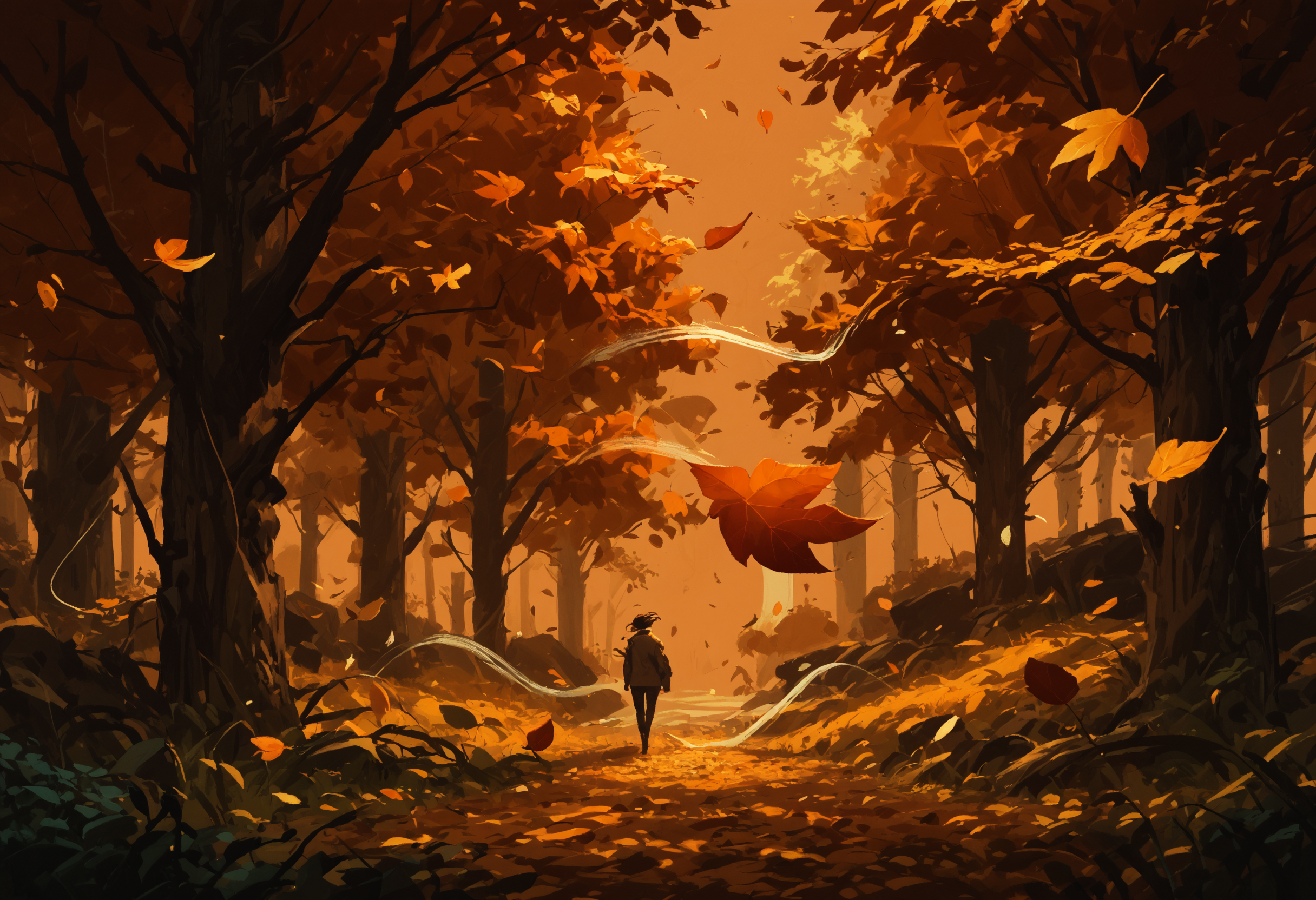 score_9, score_8_up, score_7_up, score_6_up, no humans, abstract art, concept paint, big tree, autumn, autumn leaves, falling leaves, forest, grass, holding leaf, leaf, leaves in wind, nature, orange background, scenery, tree, wind, <lora:ConceptPaint_V1.1:1>