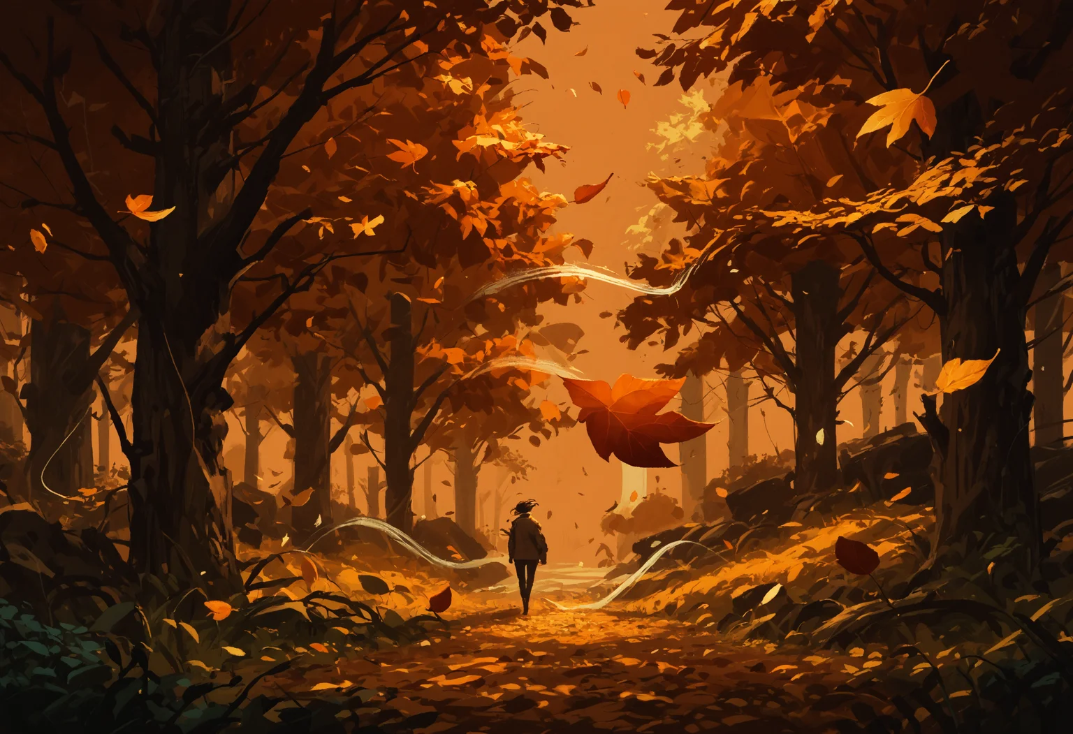 score_9, score_8_up, score_7_up, score_6_up, no humans, abstract art, concept paint, big tree, autumn, autumn leaves, falling leaves, forest, grass, holding leaf, leaf, leaves in wind, nature, orange background, scenery, tree, wind, <lora:ConceptPaint_V1.1:1>