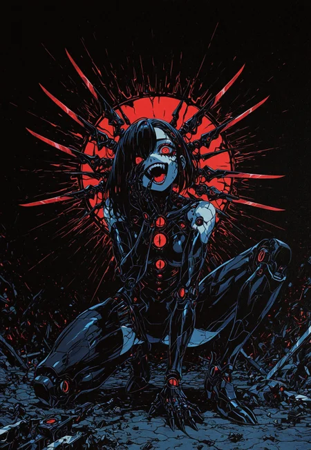 masterpiece, best quality, amazing quality, high resolution, aesthetic, 1girl, robot girl, black body with red details,  red eyes, asymmetric hair, headtilt, broken robot, crazy, dark background,  DRKWB, blade arms, on one knee, open mouth,  laughing