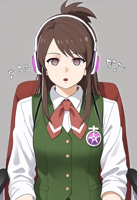 Ema being hypnotized by music from headphones,
score_9, source anime, lewd, 1girl,
mind control, hypnotized, empty_eyes, blank stare, slack jaw, hypnotic music, no pupils,
large headphones, music notes from headphones, leaning back in chair, swivel chair, hands hanging off the sides of chair, sound effects from headphones,
ema skye, half updo, white lab coat, sleeves rolled up, green vest, red neckerchief, brown pants